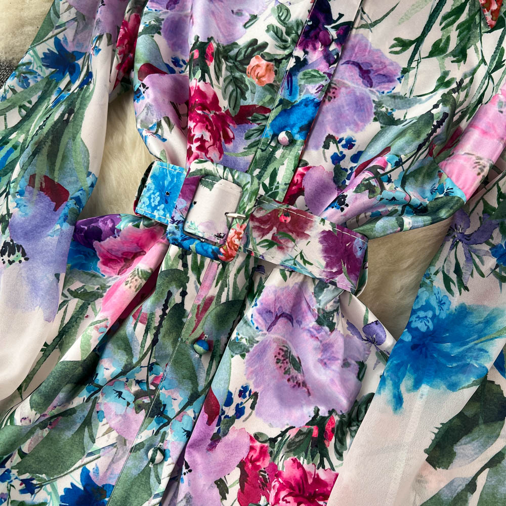 Casual Jurken Runway Vakantie Bloemen Mini-jurk 2023 Dames Reverskraag Lange Lantaarnmouwen Bloemenprint Riem Kanten Party242F