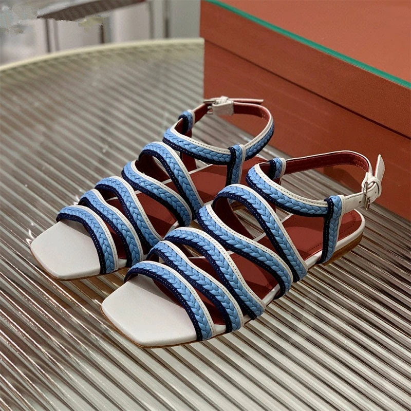 Summer New Woven Leather Sandals Flat Heel Caasual Beach Shoes Open Toe Strappy Rome Sandalias Holiday Shoes Women