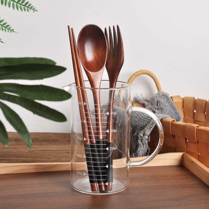 New 3-pieceTableware Fork Chopsticks Spoon Korean Wooden Solid Wood Long Handle Spoon Chopsticks Portable Tableware Items