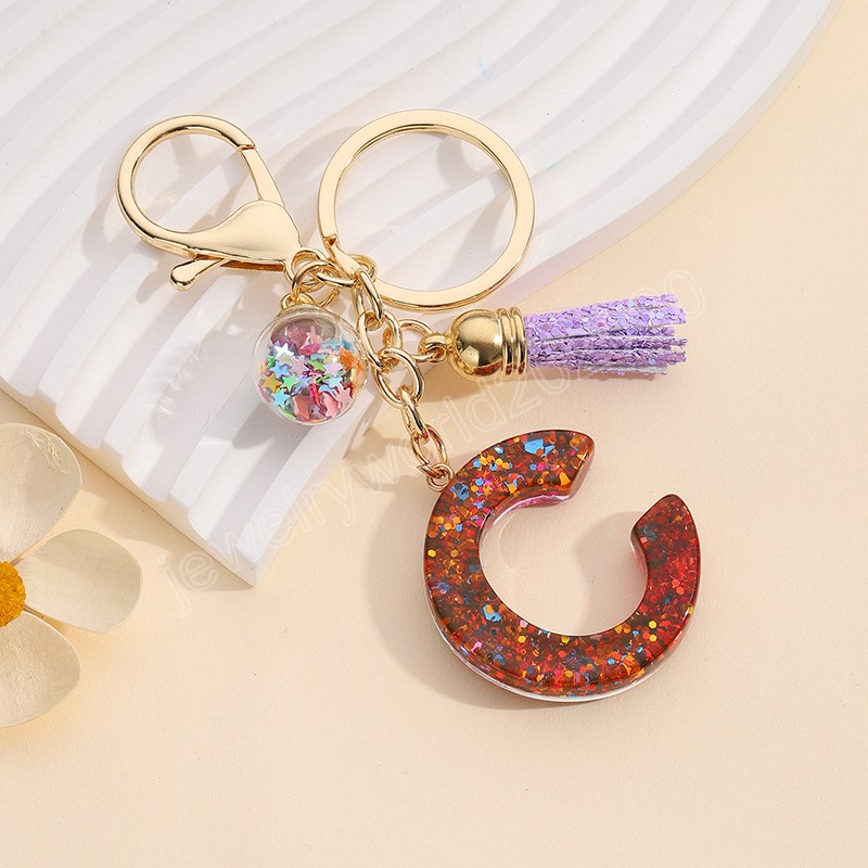 Initial Letter Pendant Keychains For Women Tassel Glitter Resin Alphabet Keyring Car Purses Backpack Ornaments Key Holder