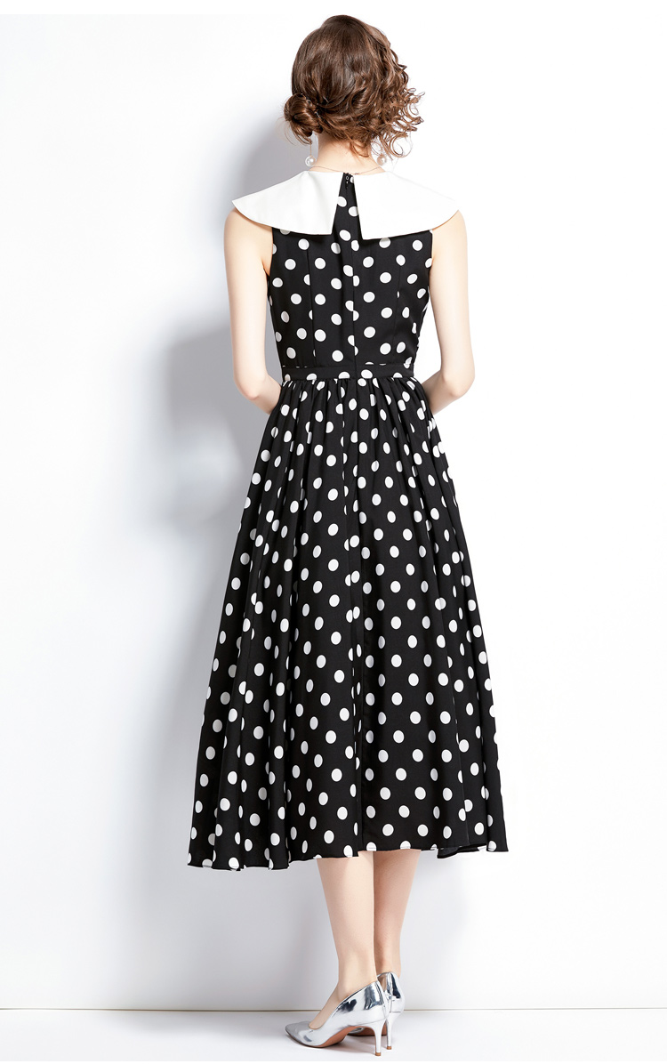 Casual Dresses Summer New Vintage Hepburn style Slim Polka Dot Print Mid-length Dresses Women Sweet Ribbon Bow Peter pan collar Tank Long Dress 2023