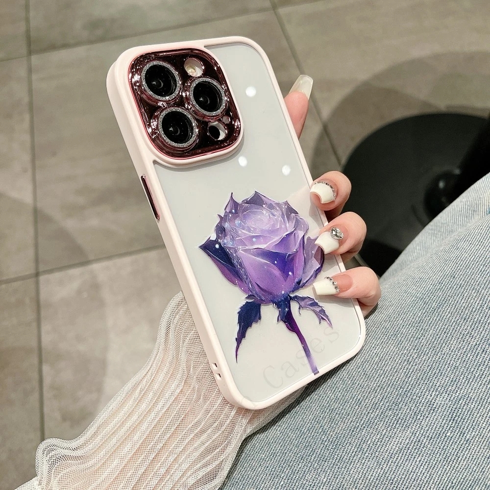 Moda simulada rosa diamante proteção de lente capa de telefone para iPhone 15 14 13 12 11 Pro Max Plus capa resistente a quedas e sujeira