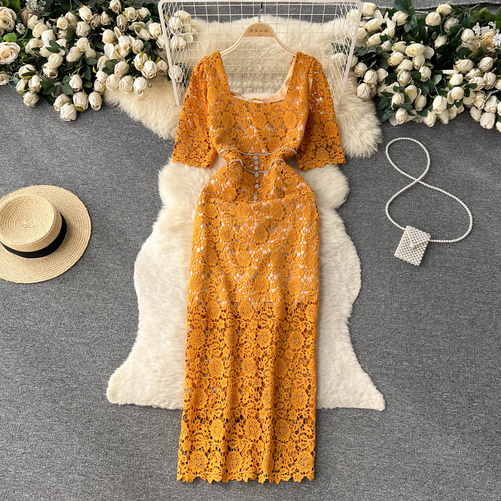 Casual Dresses French Square Neck Hollow Hook Flower Diamond Lace Wrap Hip Dress for Women's Summer Celebrity Retro Party Clothes Vestidos 2023