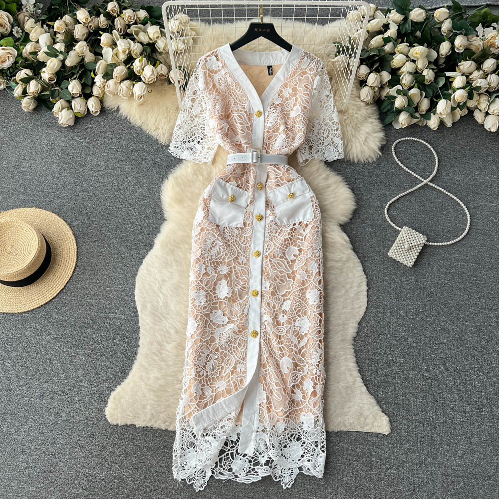 Casual Dresses French Dress Women Summer New Fashion Single Breasted Short Sleeve Lace Hollow Sexy Party Elegant Clothes Vestido F251c