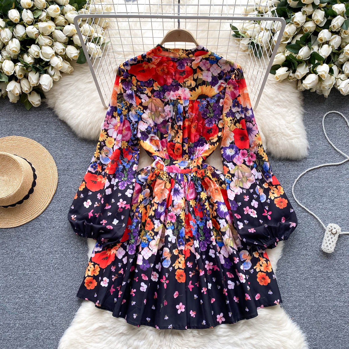 Vestidos casuales 2023 nuevo vestido elegante de gasa con flores para mujer con cuello levantado manga larga acampanada estampado Floral con cordones sueltos Mini323D