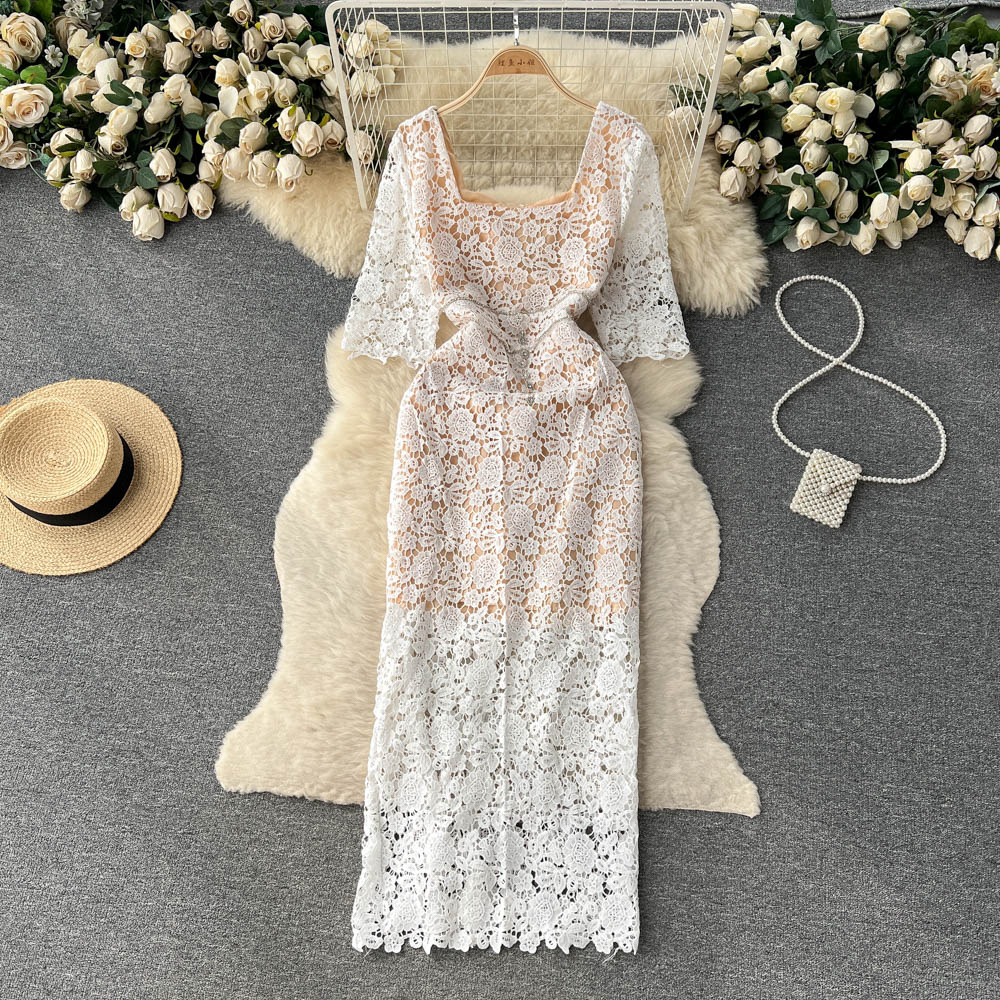 Casual Dresses French Square Neck Hollow Hook Flower Diamond Lace Wrap Hip Dress for Women's Summer Celebrity Retro Party Clo335U