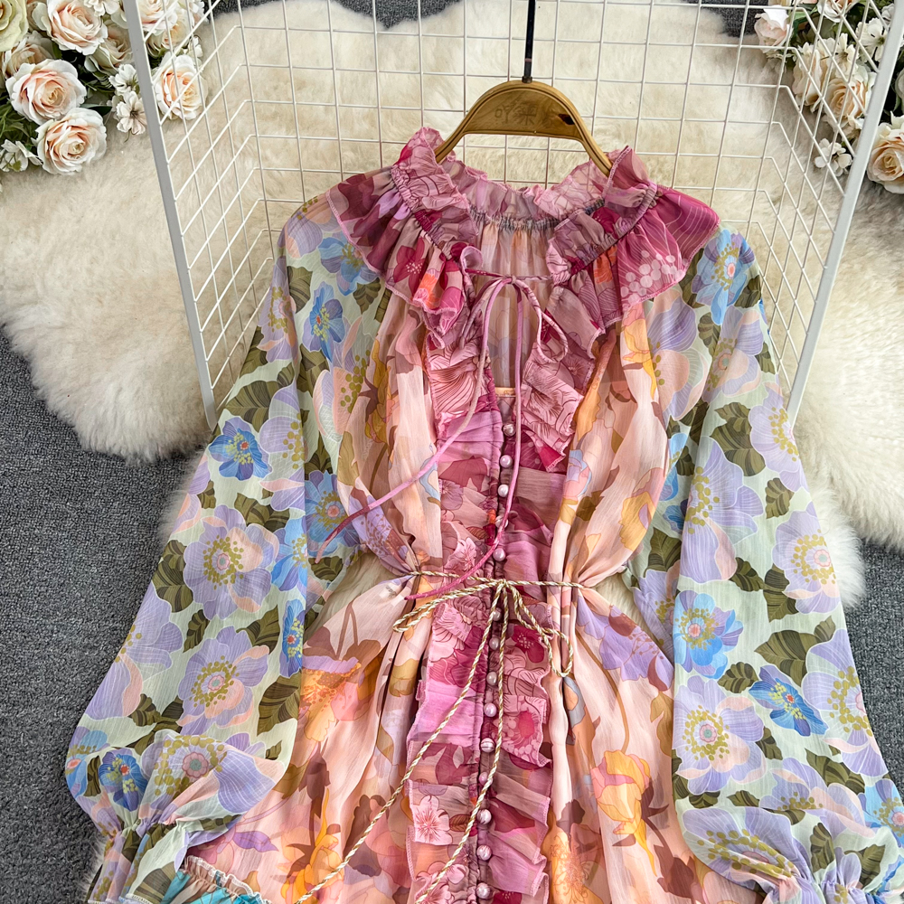 Casual Dresses Retro Floral Print Elegant Chiffon Dress Two Pieces Sets A-line Ruffle Puff Sleeve High Waist Slip Dress Sets Women Summer 2023