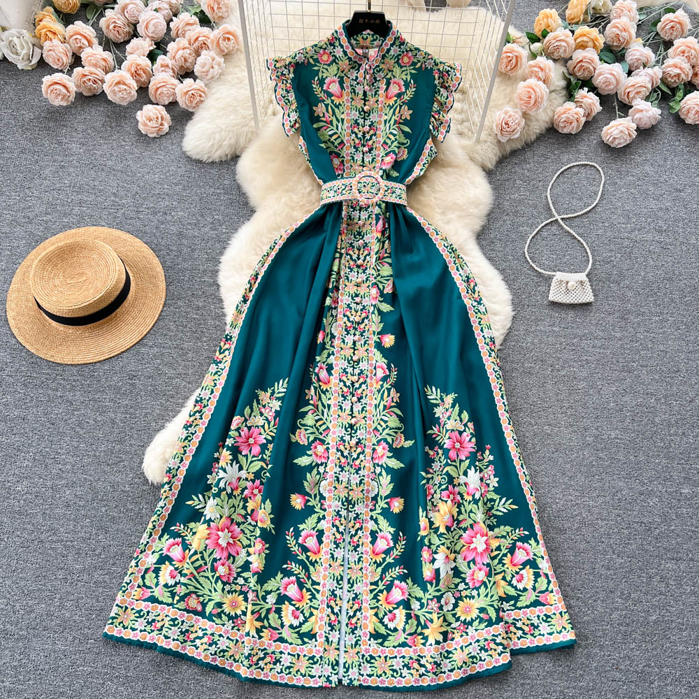 Günlük Elbiseler Vintage Elbiseler Kadın 2023 Yaz Yeni Yaka Kolsuz Baskı Yaka Kelebek Kollu Uzun Elbise Fransız Şık Vahşi Vestidos