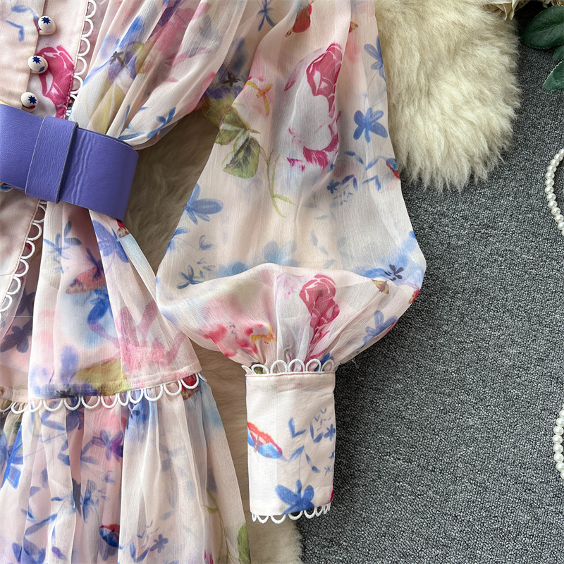 Casual Dresses Elegant Mid-Length Contrast Color Flower Print Dress With Belt Women Vintage Vestidos Stand Collar Lantern Sleeve Ladies Dresses 2023