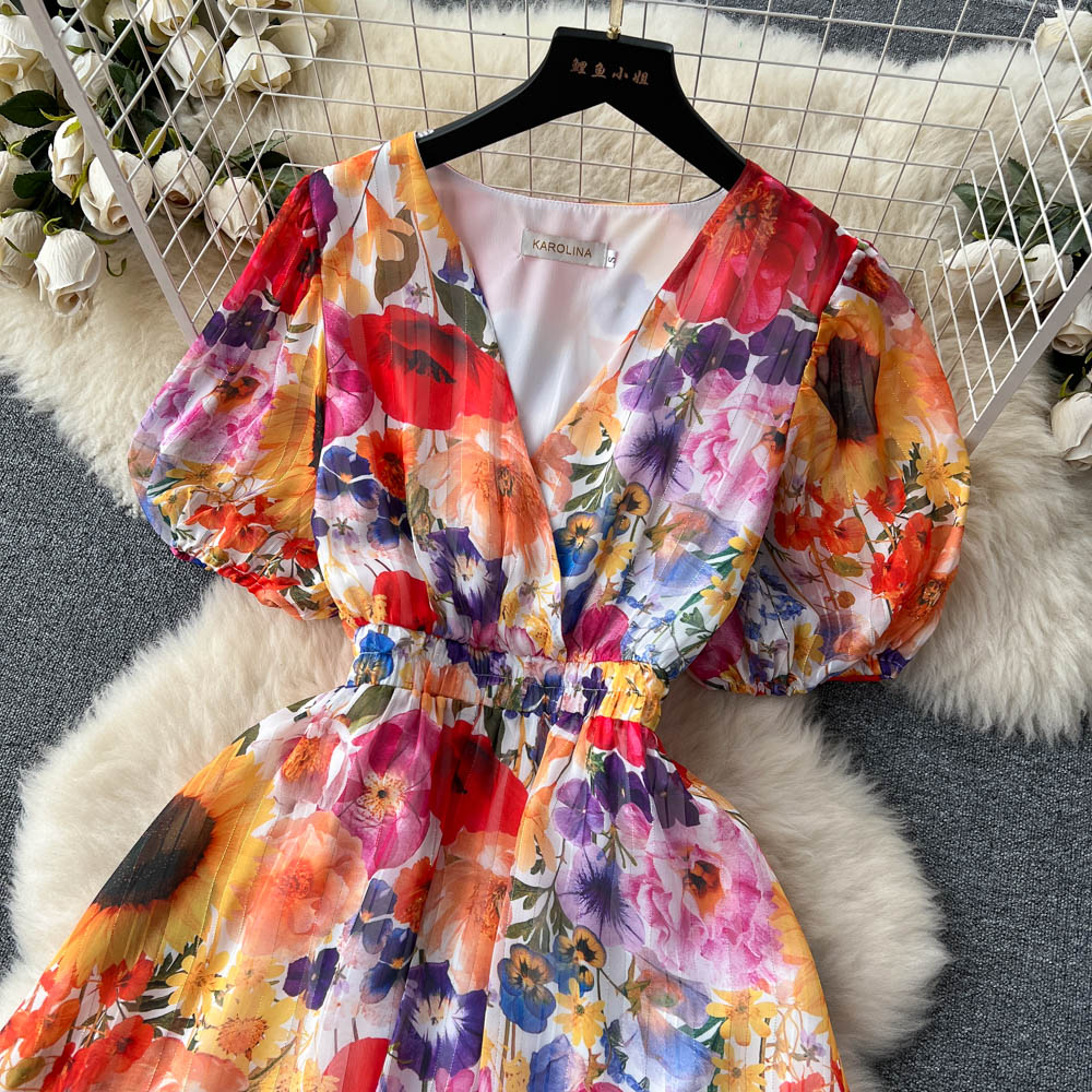 Casual Dresses Summer Runway Chic Flower Chiffon Dress Women's V-Neck Short Sleeve High Ealstic Waist Floral Print Holiday Pa293T