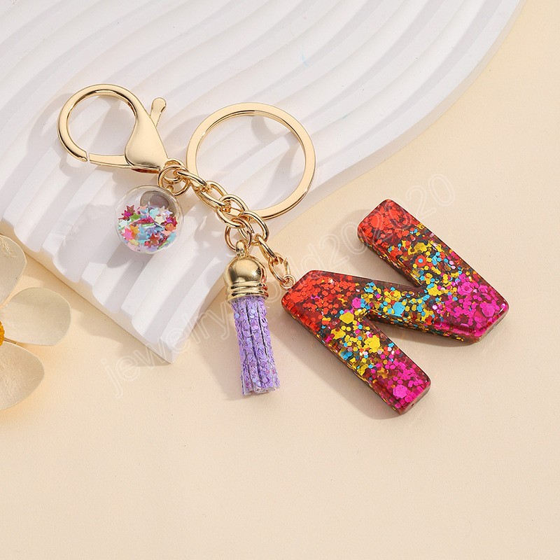 Initial Letter Pendant Keychains For Women Tassel Glitter Resin Alphabet Keyring Car Purses Backpack Ornaments Key Holder