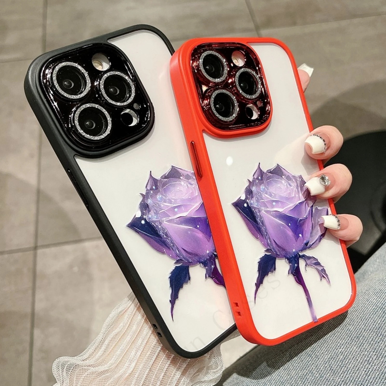 Fashion Simulated Rose Diamond lens protection Phone Case For iPhone 15 14 13 12 11 Pro Max Plus Fall resistant and dirt resistant Cover