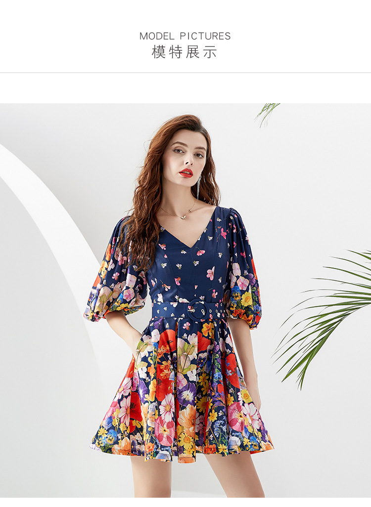 Casual Dresses Summer Holiday Vacation Mini Dress Women Runway V-Neck Lantern Sleeve Flower Paintings Belt Ruffles Short Vestidos 2023