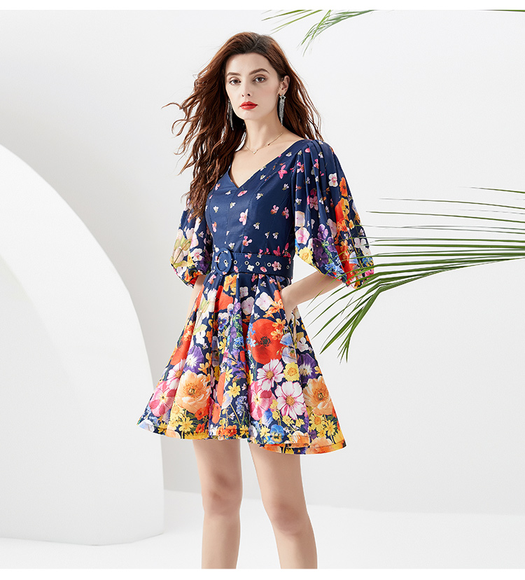 Casual Dresses Summer Holiday Vacation Mini Dress Women Runway V-Neck Lantern Sleeve Flower Paintings Belt Ruffles Short Vestidos 2023