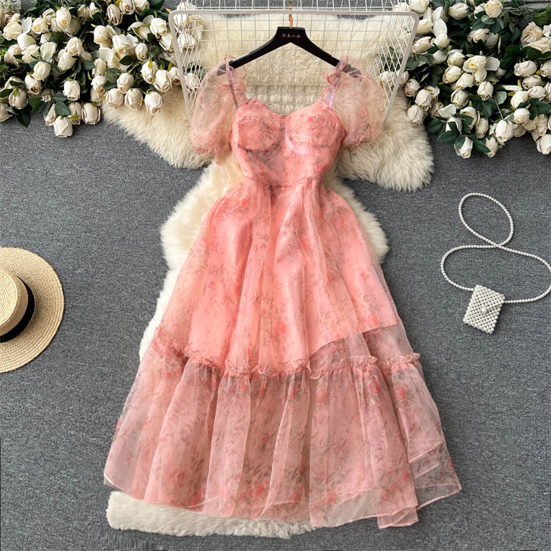 Casual Dresses Summer New Women Square Neck Puff Sleeve Floral Dress Blue Orange Mid-Length Organza Dresses Sweet Evening Party Dr252V