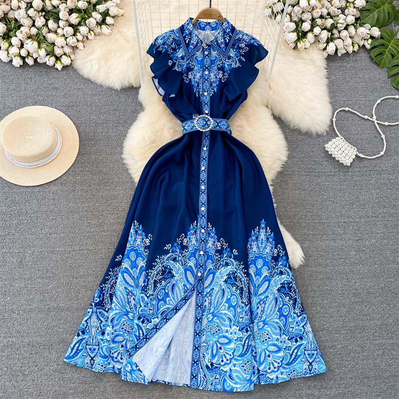 Casual Kleider Sommer Neue Revers Ärmelloses Druck Kleid Frauen Rosa Blau Vestidos Mit Gürtel Schlanke Einreiher Fliegen Ärmel damen Kleider 2023