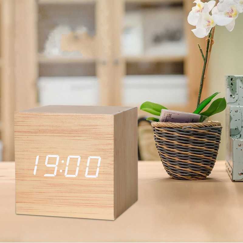 New Voice-activated Electronic Digital Alarm Clock Creative LED Lazy Wooden Clock Date Temperature Clock Small Cube Art Clock