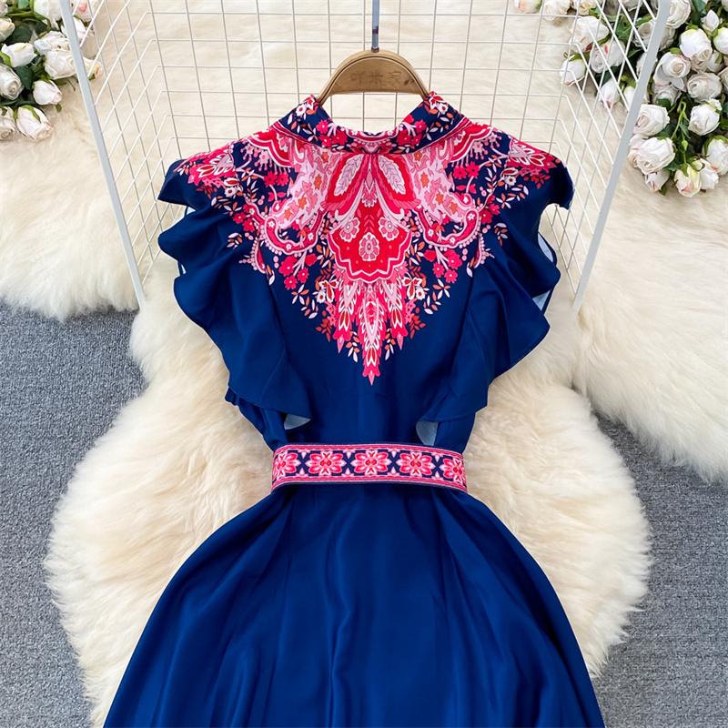 Casual Kleider Sommer Neue Revers Ärmelloses Druck Kleid Frauen Rosa Blau Vestidos Mit Gürtel Schlanke Einreiher Fliegen Ärmel damen Kleider 2023