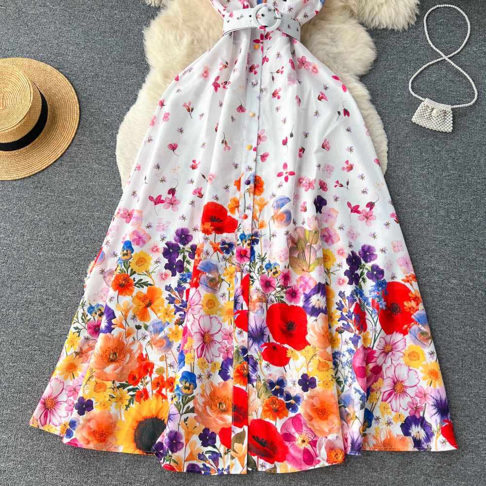 Casual Dresses New Retro Court Sleeveless Thin Floral Print A-line Maxi Dress Women Single Breasted Party Clothes Vestidos De Verano Mujer 2023