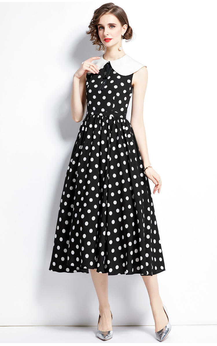 Casual Dresses Summer New Vintage Hepburn style Slim Polka Dot Print Mid-length Dresses Women Sweet Ribbon Bow Peter pan collar Tank Long Dress 2023