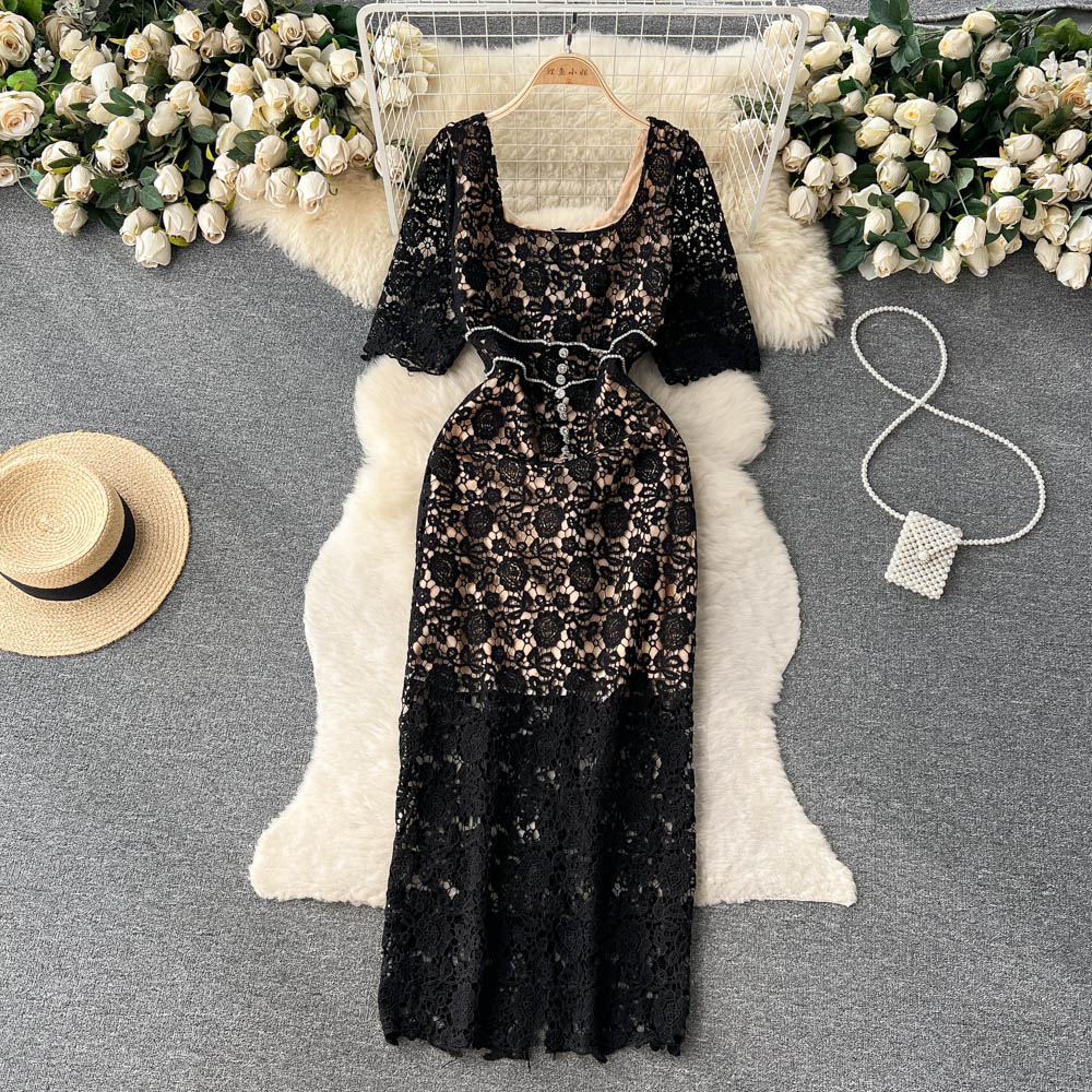 Casual Dresses French Square Neck Hollow Hook Flower Diamond Lace Wrap Hip Dress for Women's Summer Celebrity Retro Party Clothes Vestidos 2023