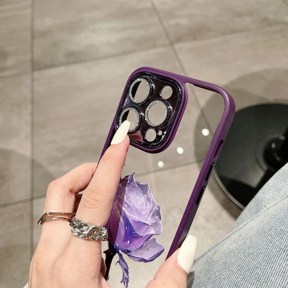 Fashion Simulated Rose Diamond lens protection Phone Case For iPhone 15 14 13 12 11 Pro Max Plus Fall resistant and dirt resistant Cover