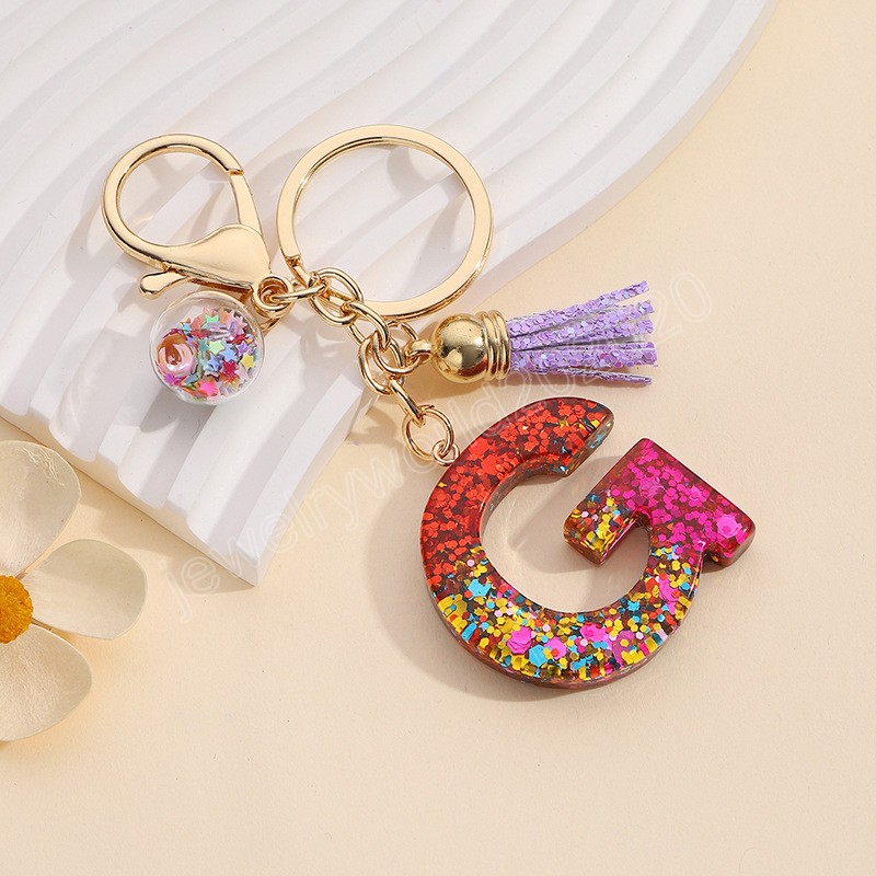 Initial Letter Pendant Keychains For Women Tassel Glitter Resin Alphabet Keyring Car Purses Backpack Ornaments Key Holder