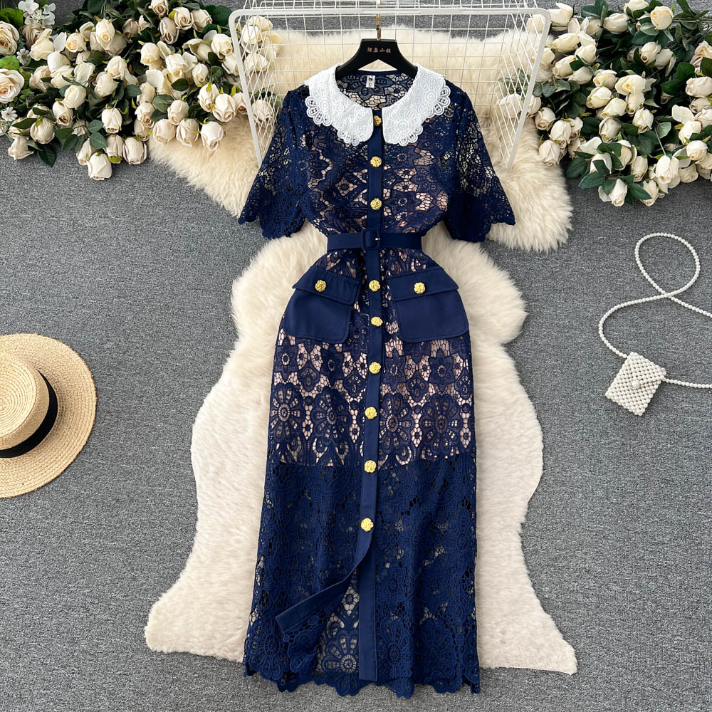 Casual Dresses Summer New Fashion Wrap Hip Dress Women Spets Kontrast Doll Neck Elegant Short Sleeve Party Clothes Vestido Feminino262L