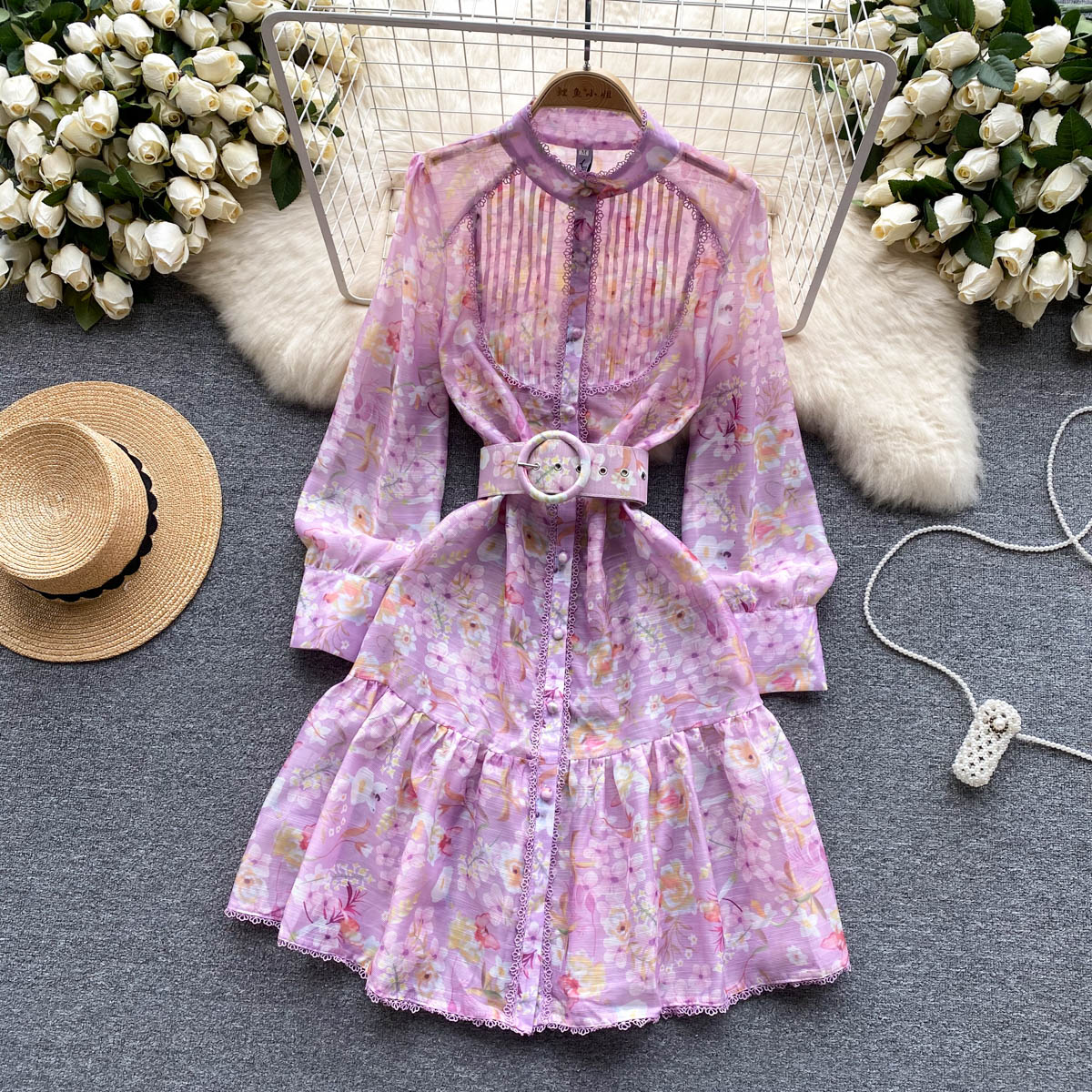 Casual Dresses Runway Floral Print Ruffles Midi Dress Women Stand Single Breasted Long Lantern Sleeve Lace Trims Belt Vintage Party Vestidos 2023