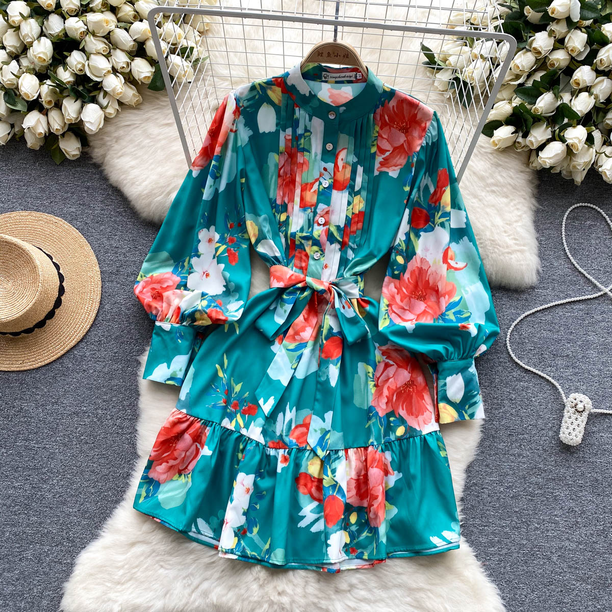 Casual Dresses Runway Summer Holiday Short Dress Women Clothing Ruffles Stand Collar Lantern Sleeve Flower Print Belted Mini Vestidos 2023