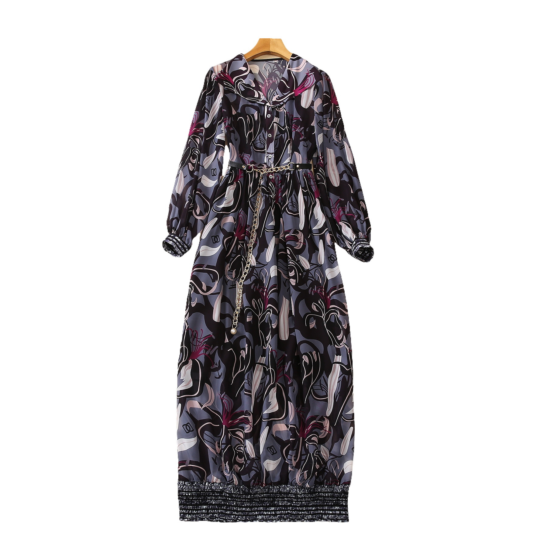 2023 Summer Paisley Print Chains Belted Chiffon Dress Lantern Sleeve Lapel Neck Paneled Long Maxi Casual Dresses S3L150615