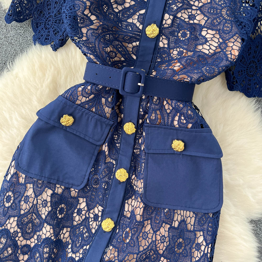 Robes décontractées été nouvelle mode Wrap hanche robe femmes dentelle contraste poupée cou élégant à manches courtes fête vêtements Vestido Feminino 2023