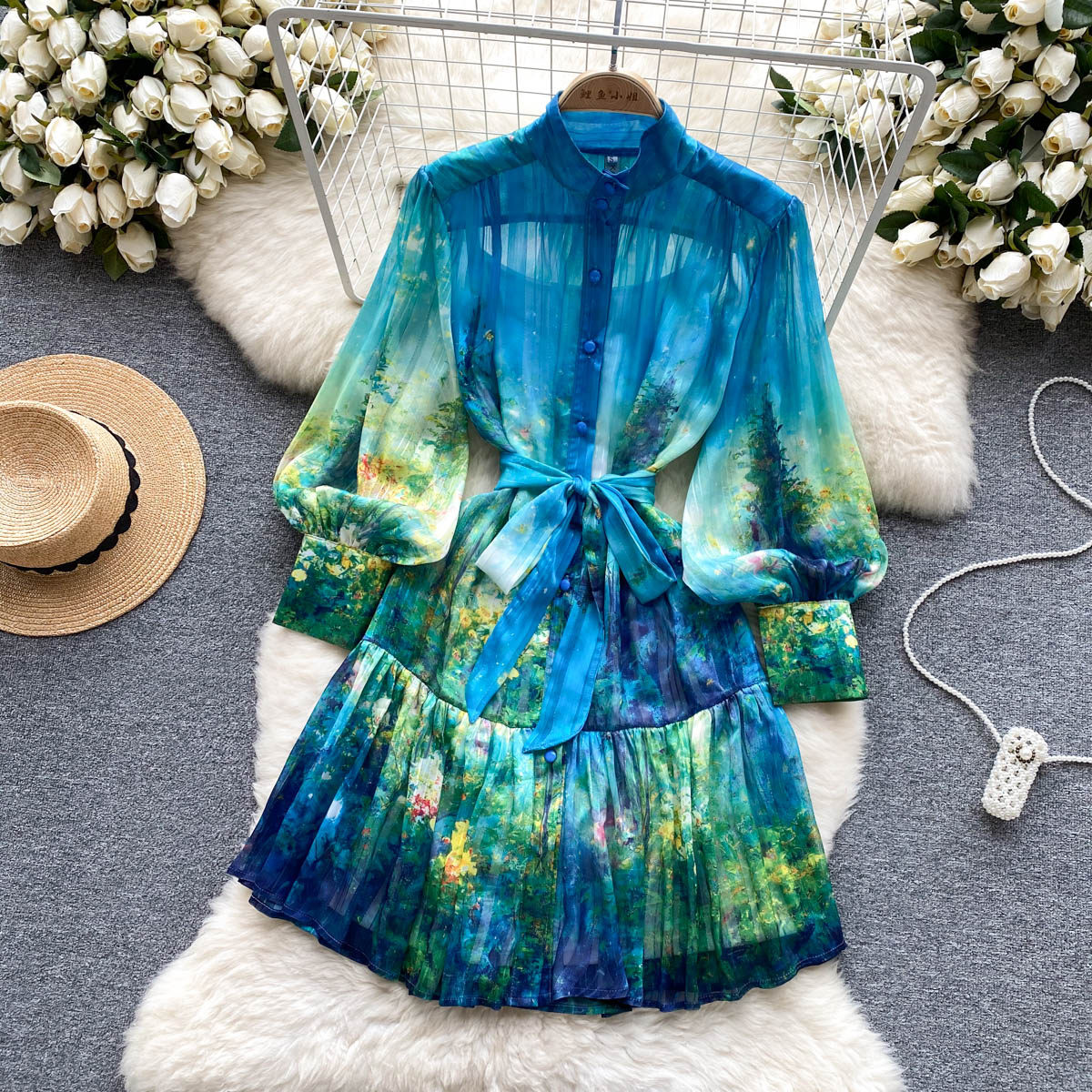 Casual Dresses Runway Blue Floral Mini Dresses Women Charming Flower Print Chiffon Holiday Stand Collar Long Lantern Sleeve Dress 234f