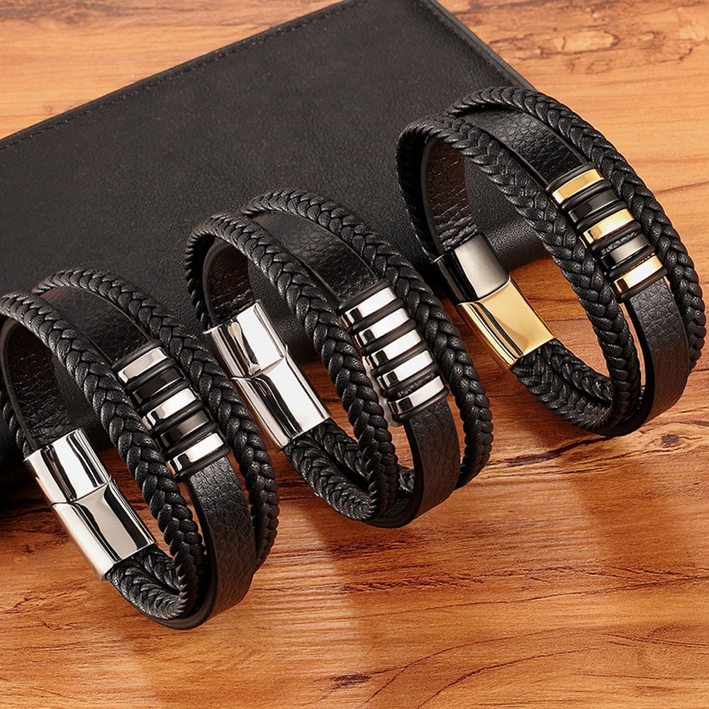 Charme Bracelet Noir Magnétique En Acier Inoxydable Bracelet En Cuir Tissé À La Main Véritable Bijoux Tressés Bracelets Pour Hommes Couple Bracelet Cadeau Dropshipping En Gros