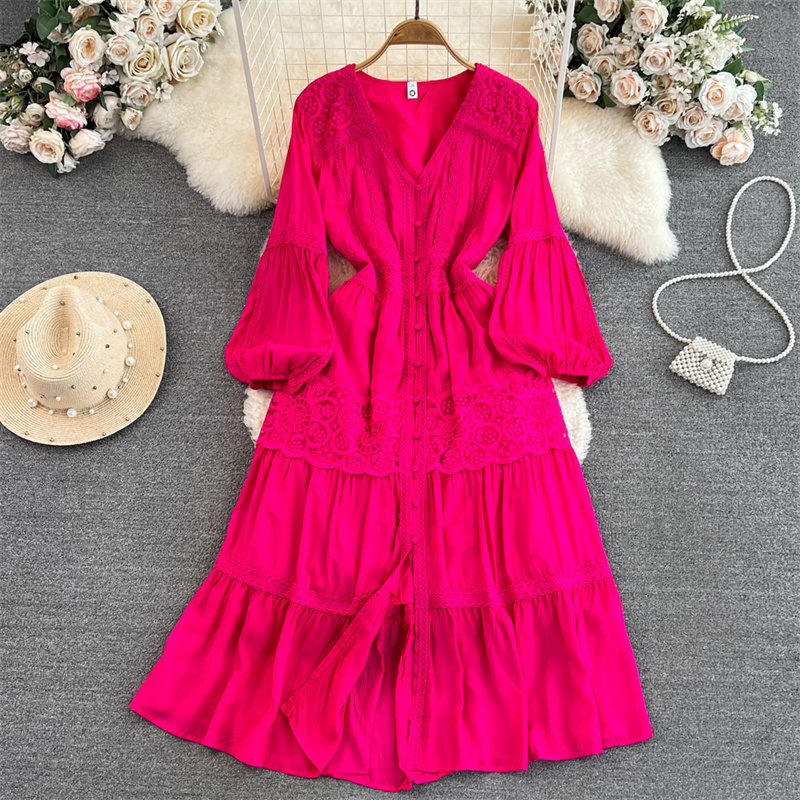 Casual Dresses Vintage Hollow Out Lace Stitching Mid-Length Women Dress High Waist Solid Color Dresses Vestidos V-neck Long Sleeve247V