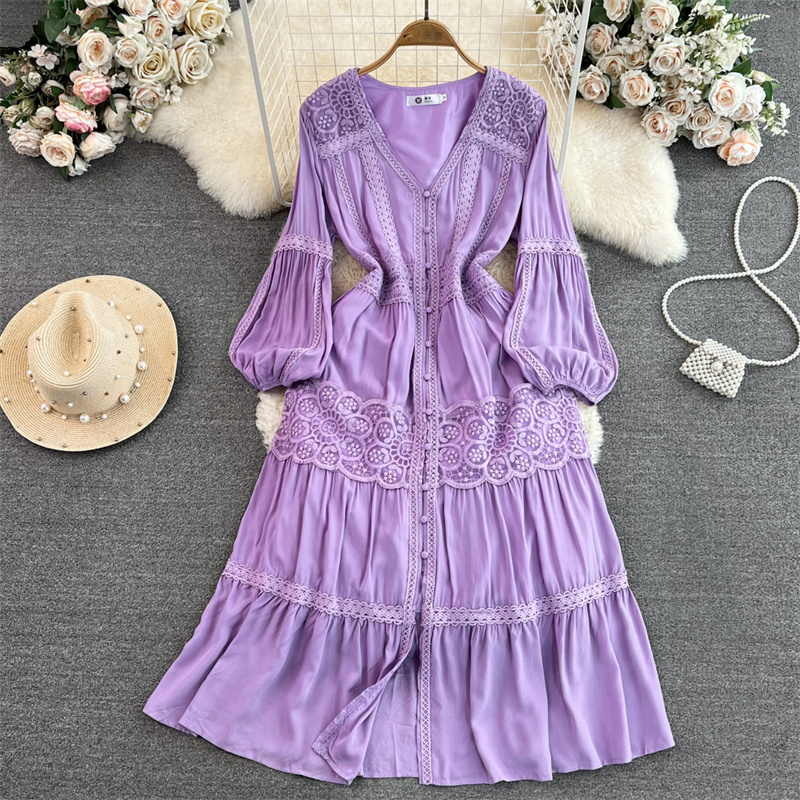 Vestidos casuais vintage oco para fora renda costura meados de comprimento vestido feminino cintura alta vestidos de cor sólida vestidos com decote em v manga longa269z