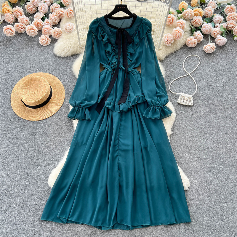 Casual Dresses Spring Summer Mid-Längd Women Solid Color Chiffon Dress Bow Lace-Up Ruffles Slim High midje långärmad damer Dre177o