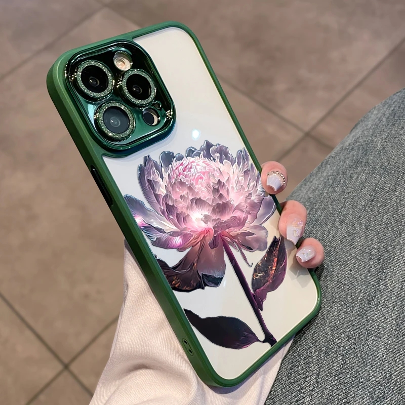 Mode Geen vergeling Bling lotus Diamant lensbescherming Telefoonhoesje voor iPhone 15 14 13 12 11 Pro Max Plus Valbestendig vuilafstotend