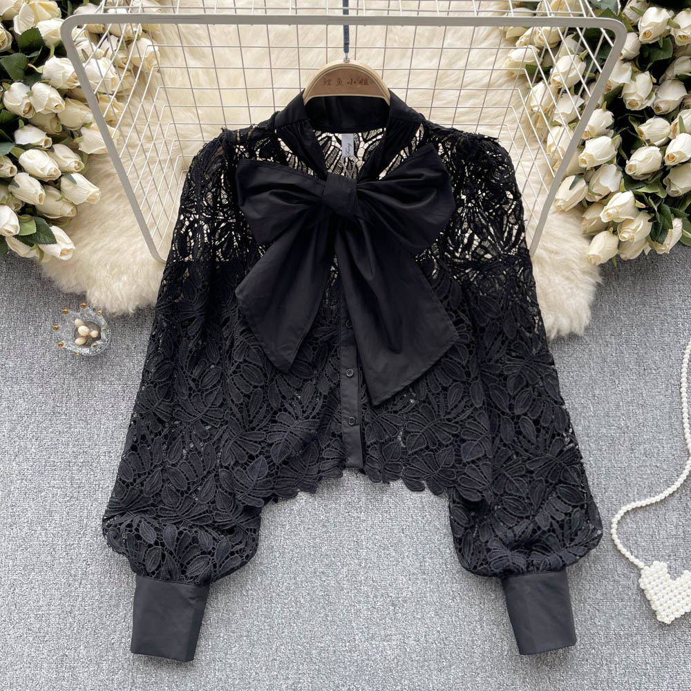 Kvinnors blusar French Lace Tops Kvinnors sommar 2023 New Fashion Bow Neck Openwork Långärmad solid färgpartykläder Blus Skjortor