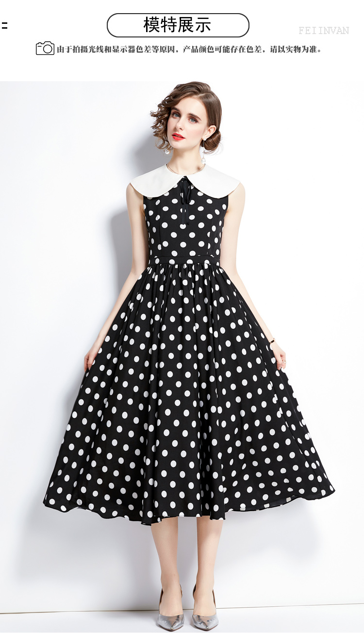 Casual Dresses Summer New Vintage Hepburn style Slim Polka Dot Print Mid-length Dresses Women Sweet Ribbon Bow Peter pan collar Tank Long Dress 2023