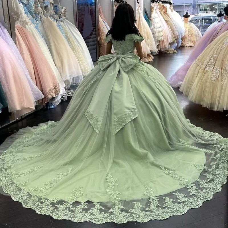 Vert sauge brillant hors épaule filles Appliques dentelle douce 16 robe de Quinceanera avec Cape dos papillon princesse robe de soirée