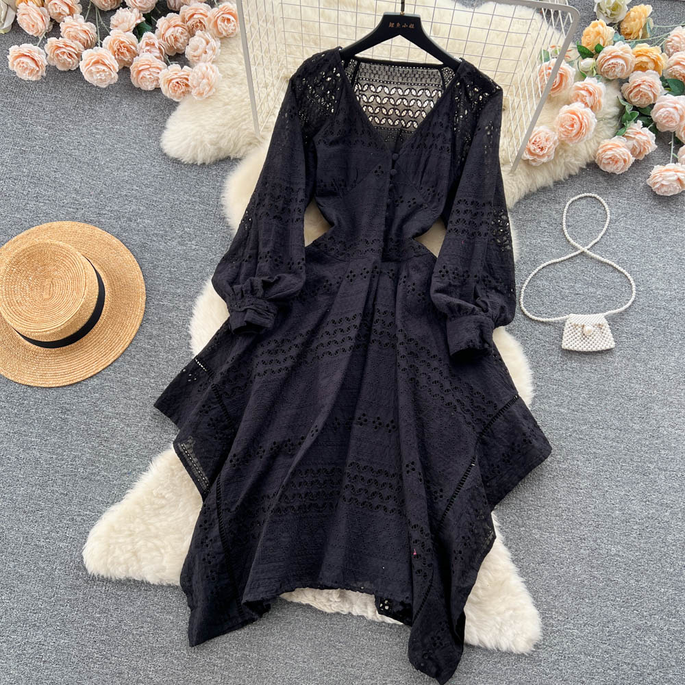 Casual Dresses French Irregular Openwork A-line Dress Women New Summer V Neck lace-up Slim Long Sleeve Elegant Vestidos De Verano 268K