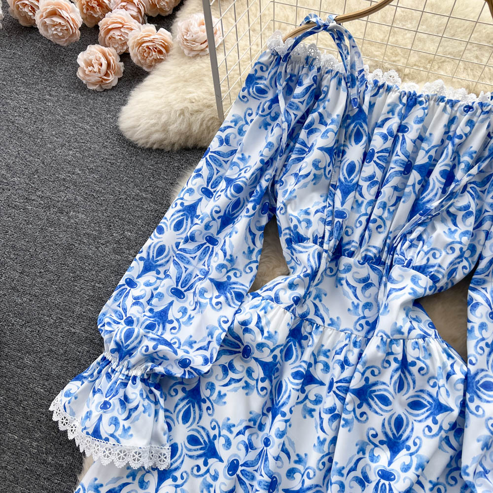 Casual Dresses Fashion Runway Summer Long Dress Women's Spaghetti Strap Slash Neck Flare Sleeve Blue Flower Printing Vacation Dress 2023