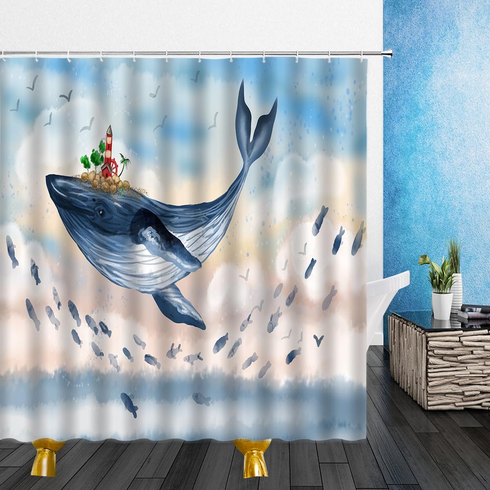 Cortinas de desenhos animados, cortinas de chuveiro, tubarão, golfinho, peixe, oceano, polvo, 3d, banheiro, decoração de casa com ganchos, à prova d'água, cortina de tecido de poliéster