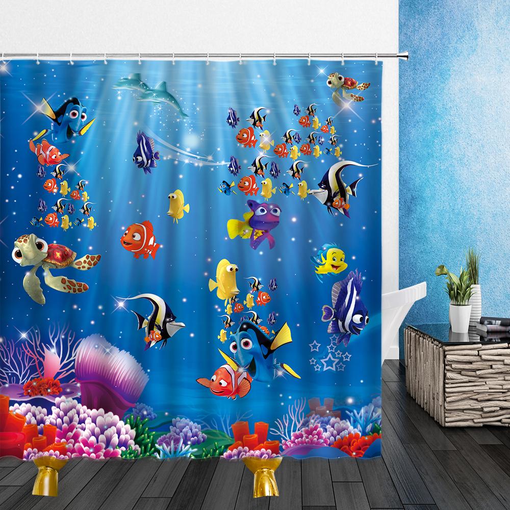 Cortinas de desenhos animados, cortinas de chuveiro, tubarão, golfinho, peixe, oceano, polvo, 3d, banheiro, decoração de casa com ganchos, à prova d'água, cortina de tecido de poliéster