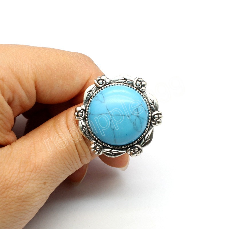 Big Round Natural Stones Rings for Women Reiki Crystal Turquoises Pink Quartz Adjustable Ring Bands Statement Jewelry Retro