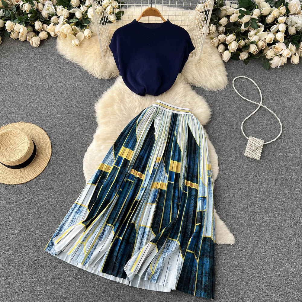 Two Piece Dress High Quality Knitted Tops Pleated Skirt Women Elegant Ladies Solid Sweater Long Skirt Set Outfits 2023