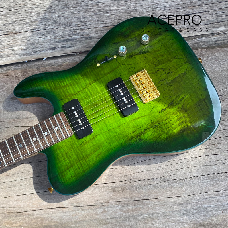 ACEPRO Elektrische gitaar Green Burst Spalted Maple Top Gold Hardware Locking Tuners P90 Pickups Abalone Dots Inlays Hoge kwaliteit