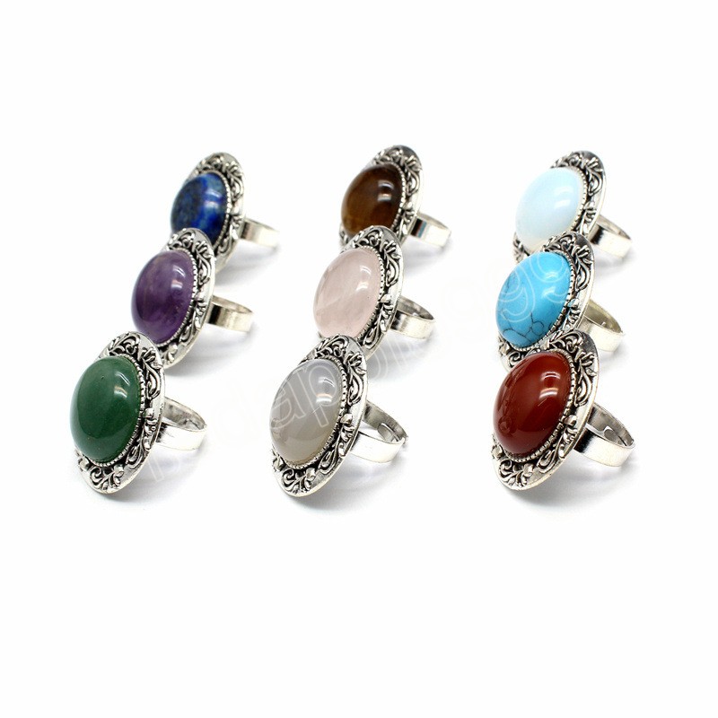 Big Natural Quartz Stone Rings Retro Jewelry Reiki Amethysts Purple Crystal Green Opal Knuckle Finger Ring Women Gift