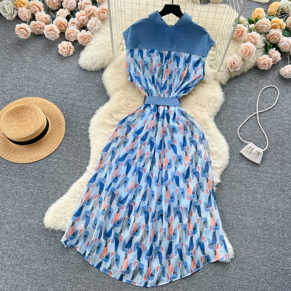 Casual Dresses French Retro Lapel Sleeveless A-line Dress Women Summer Lace-up Waist Slim Denim Stitching Printed Vintage Clothes 312F